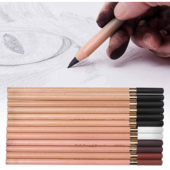 مجموعة أدوات الرسم بالفحم 2 ابيض 2 بني داكن 2 سيبا 6 أسود الوان الترابية طقم 12 قطعة